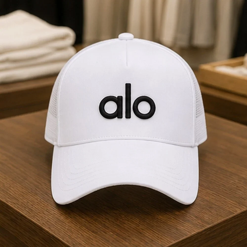 ALO Yoga White Black Workout Mesh Trucker Cap Hat Sporty